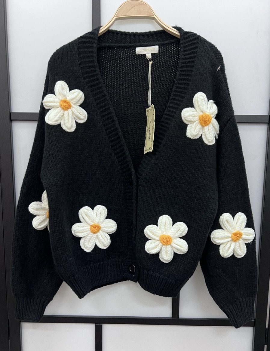 Gown Isa Margurit Cardigan 2398 Med Handlavet Blomster Black | Strik