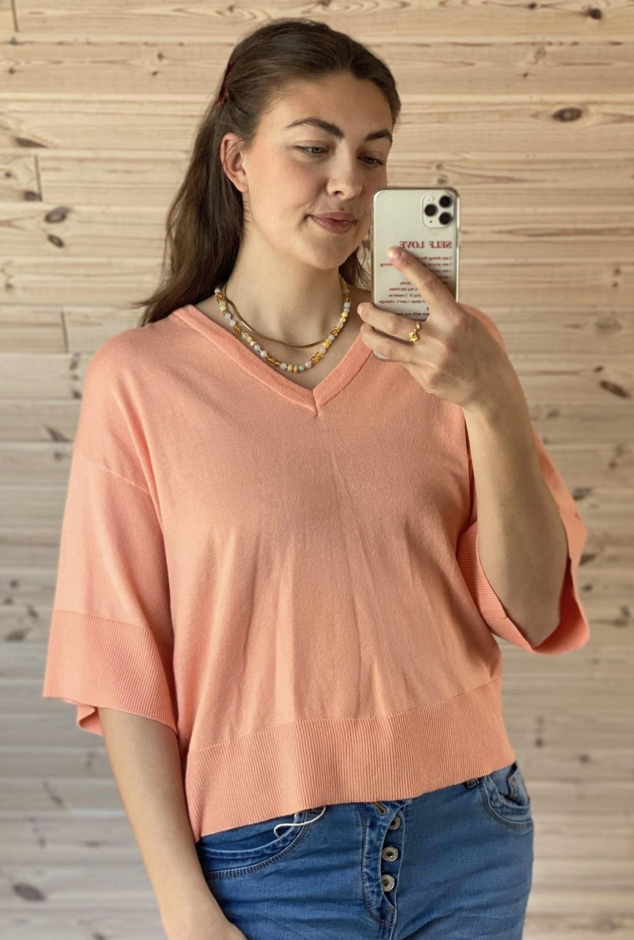 Moss Copenhagen Eslina Rachelle 2/4 V Neck Pullover Salmon | Strik