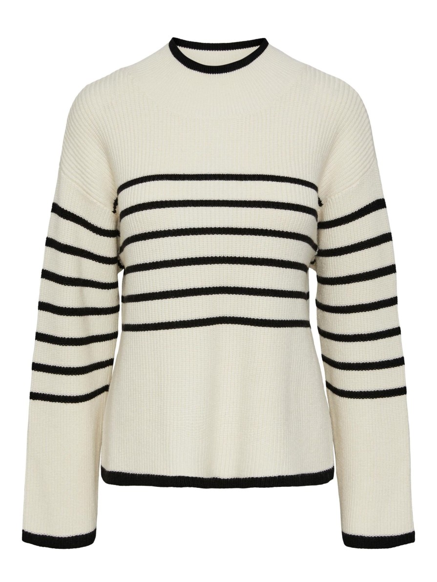 YAS Alma Ls Knit Pullover Birch/Black Stripes | Strik