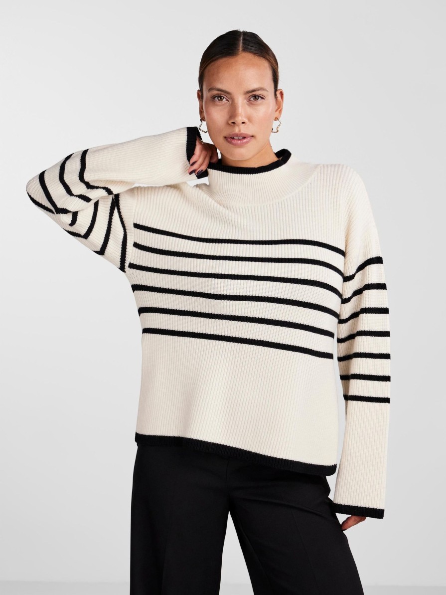 YAS Alma Ls Knit Pullover Birch/Black Stripes | Strik